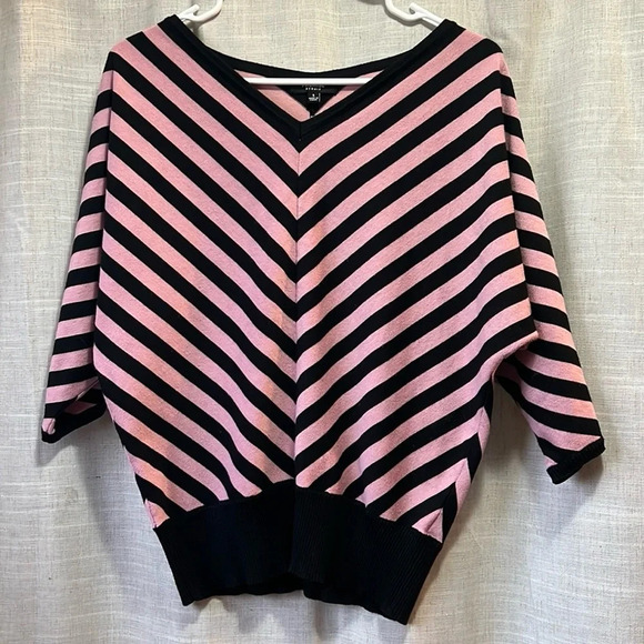 Sweaters - Premise Studio | Pink and Black Striped Sweater with a Drop Shoulder Women Small